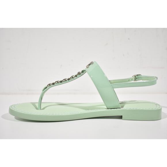 Chanel 22C Green Patent Silver Chain CC Logo Mule Slide Flat Thong Sandal 37 - Picture 9 of 12
